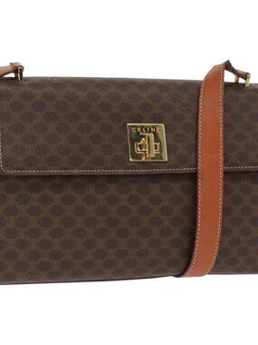 Authentic CELINE Macadam Canvas Shoulder Bag PVC Leather Brown Gold